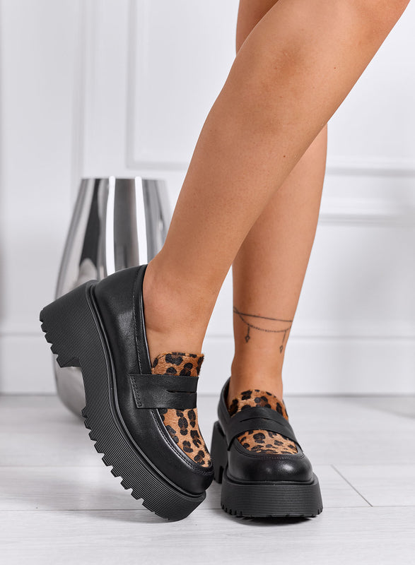MICHELA - Mocassins noirs à motif léopard et semelle épaisse