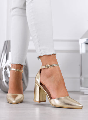 IRENE - Décolleté oro metallizzate con Cinturino alla Caviglia e Tacco Largo
