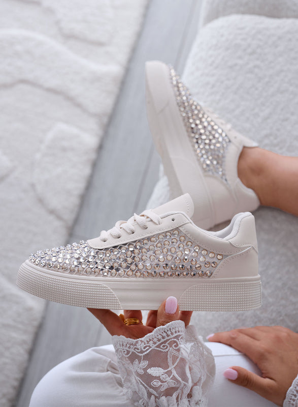 CASSANDRA - Sneakers Beige con Strass e Dettagli Luminosi