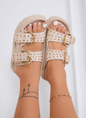 TRESY - Beige Platform Sandals with Gold Studs and Buckles