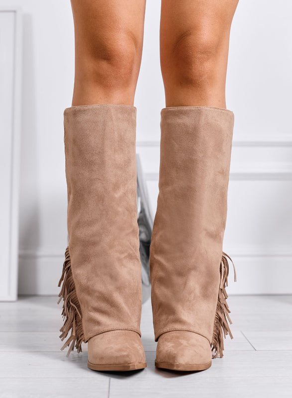 ETHEL - Bottes camperos taupe avec franges et talon large