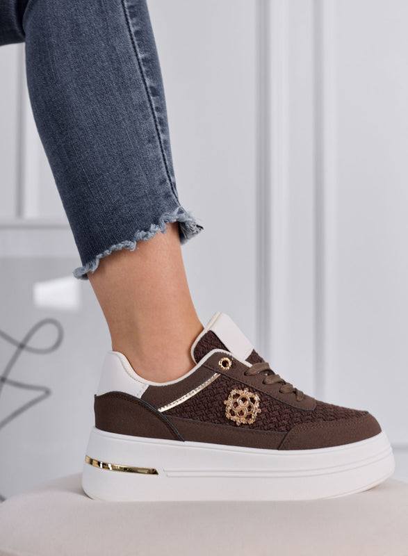 CLARA - Sneakers marroni Platform con Inserti Intrecciati e Dettagli Oro