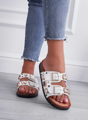 GIULIA - White sandal slippers with stones and buckles
