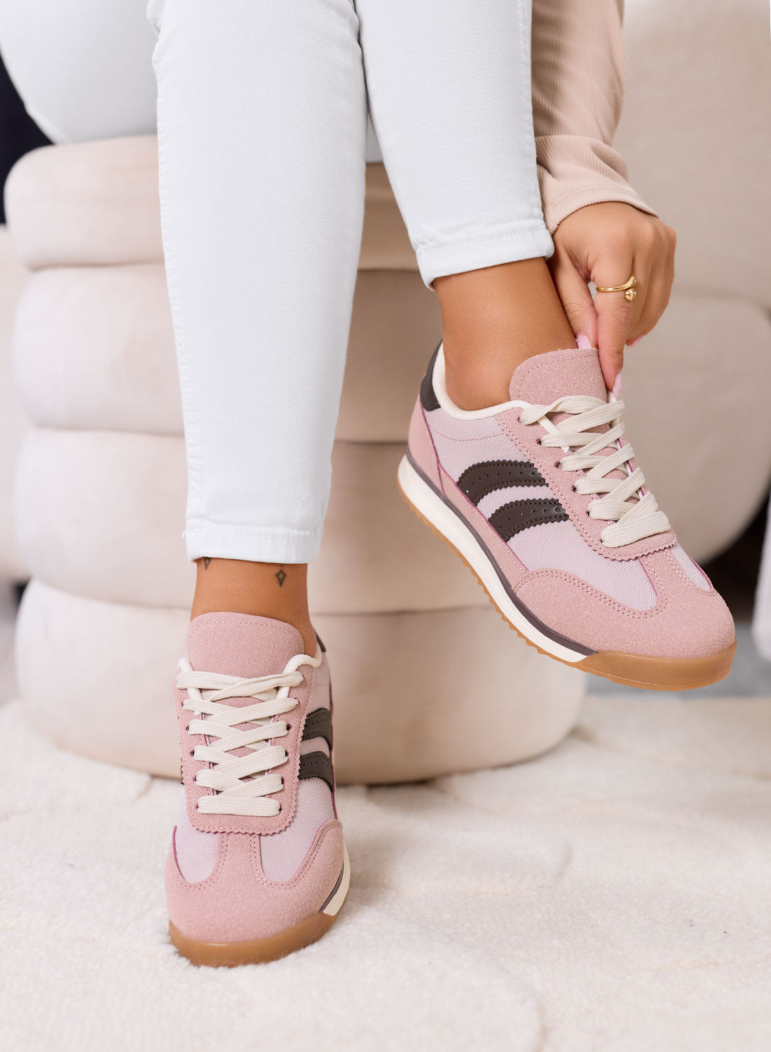 PIERA - Sneakers rosa in tessuto con dettagli marroni e suola in gomma