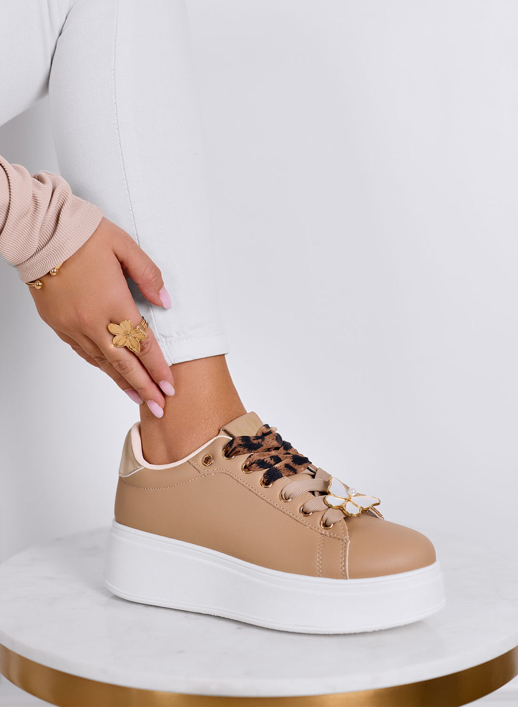 LAURA - Mud platform sneakers with animal print laces and jewel details