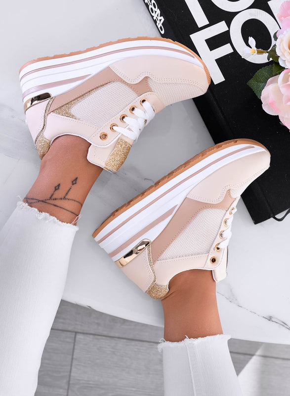 THEA - Sneakers beige con zeppa e rifiniture oro