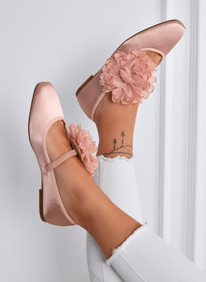ATHENA - Elegant Pink Satin Ballet Flats with Decorative Flower