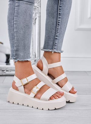 MORA - Beige chunky sandals with double gold buckle and lug sole