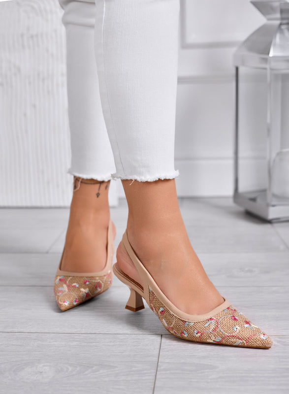 REMY - Décolleté beige slingback a punta con ricamo multicolor e tacco basso 7 cm