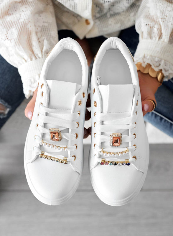 XIMENA - Snealers bianche con applicazione gioiello e retro oro