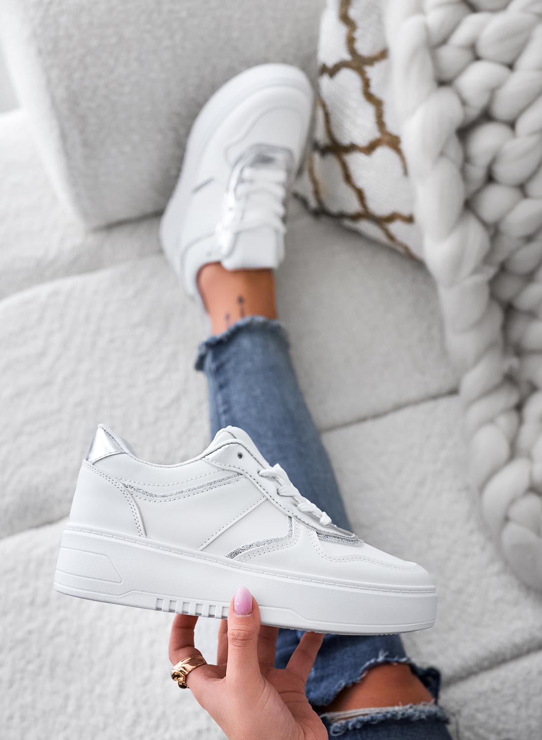 Sneakers with silver glitter inserts