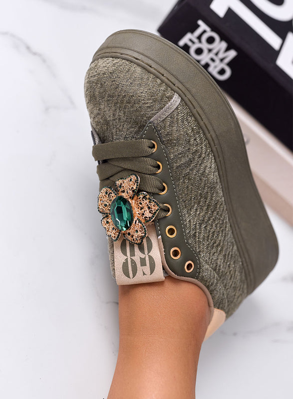 NINFA - Sneakers verdi platform in tessuto laminato e applicazione gioiello