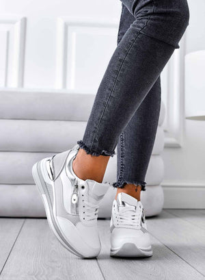 White sneakers with silver inserts