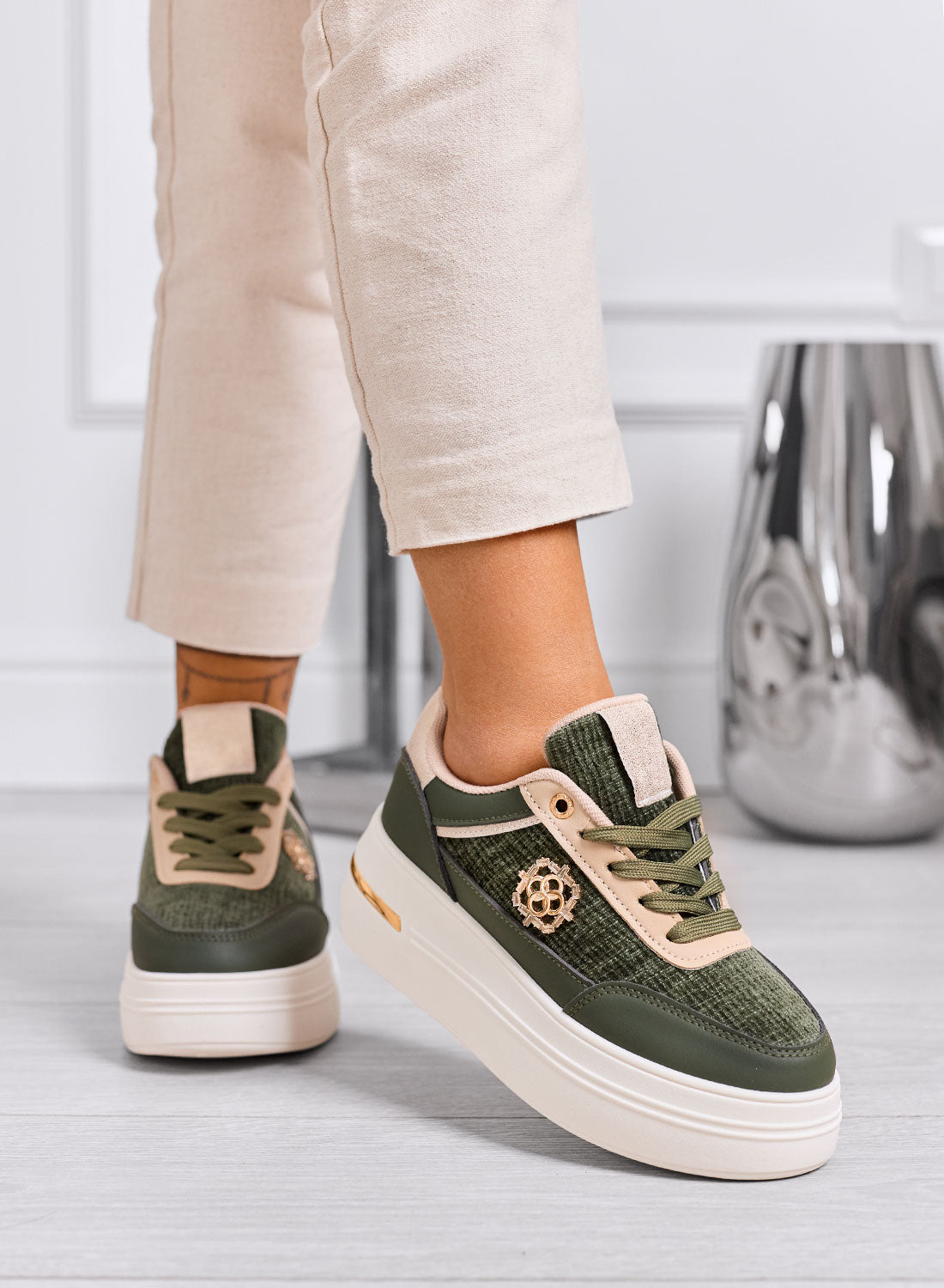 PILAR - Green sneakers with gold details and platform sole