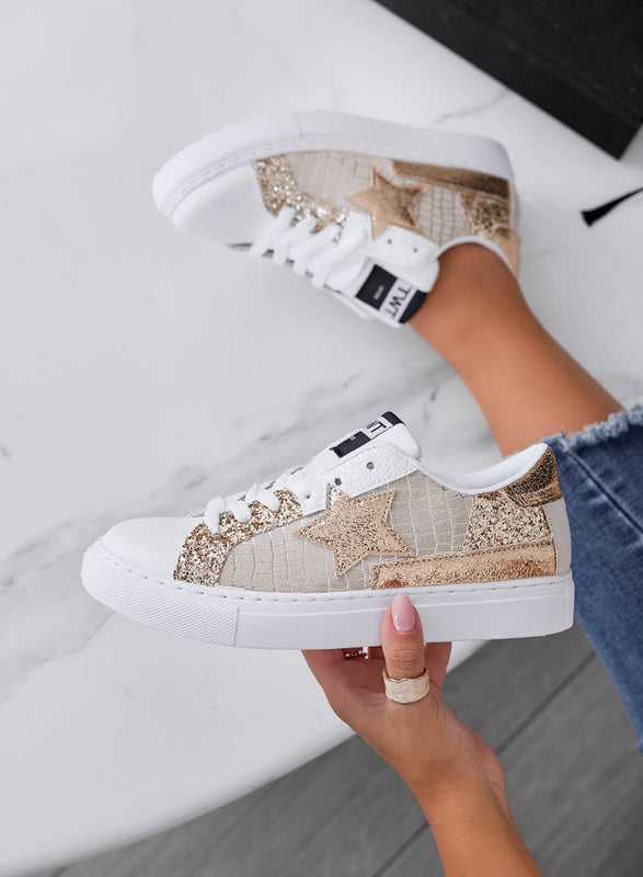 ETHEL - Sneakers bianche con inserti beige e glitter oro