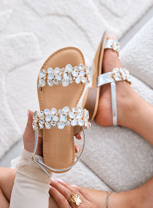 DIAMOND - Sandali argento Bassi con Pietre Gioiello e Cinturino