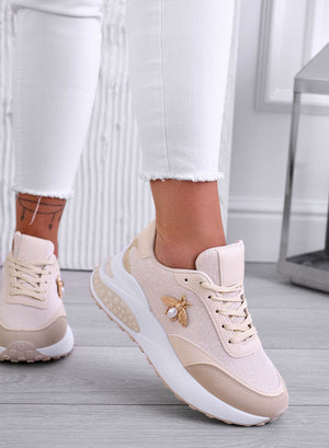 CAMERON - Beige sneakers in laminated fabric with gold bee