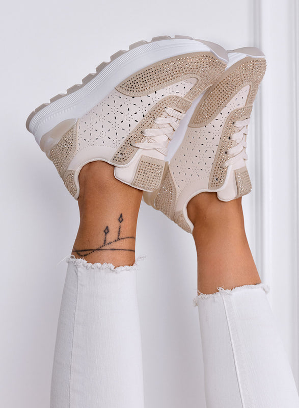 ELISA - Sneakers Beige con Strass e Dettagli Traforati