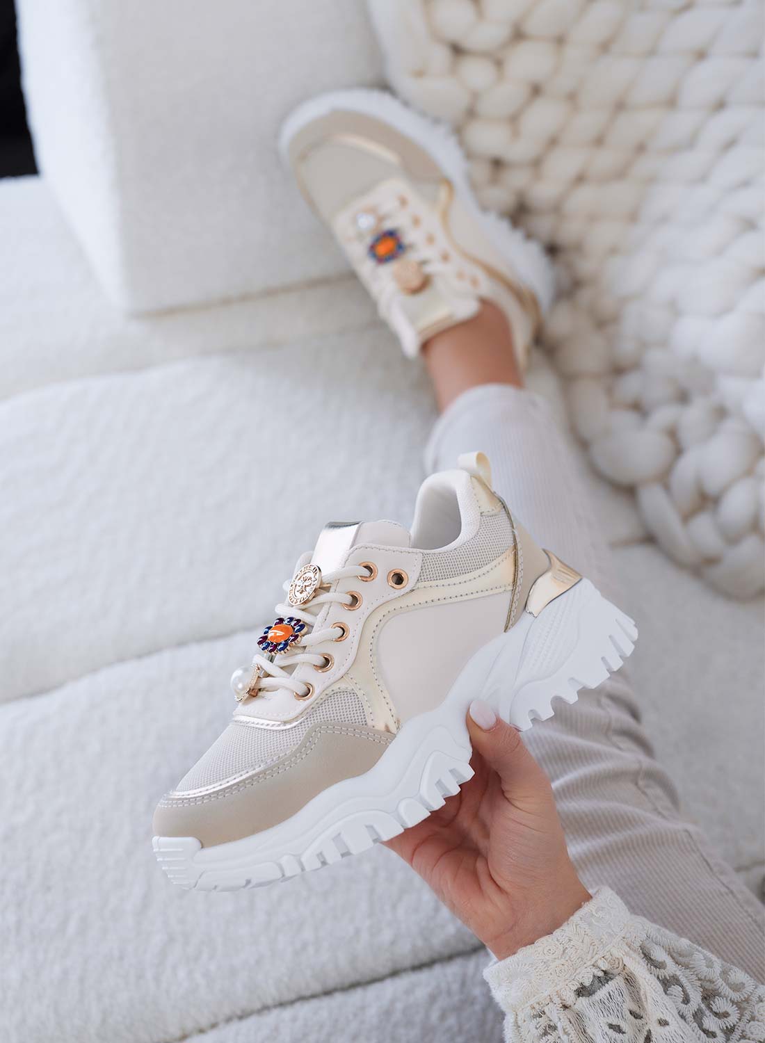 ADAMS Women's beige sneakers with thick sole and gold jewel details