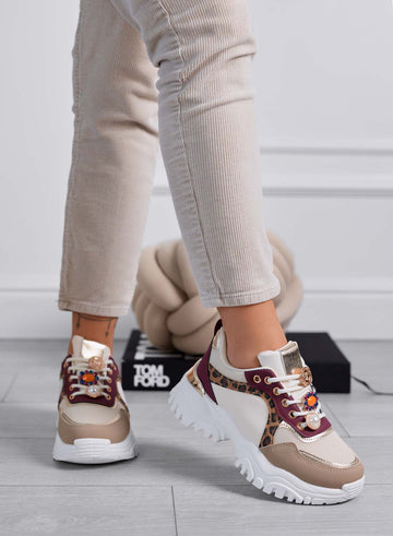 ADAMS - Women's taupe sneakers with thick sole and burgundy leopard-print panels