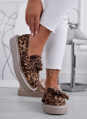 Suede leopard-print loafers with bow