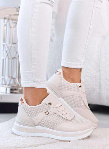 AGATA - Beige Platform Sneakers with Laminated Fabric Details