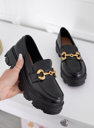 AGNESE - Black loafers with gold buckle