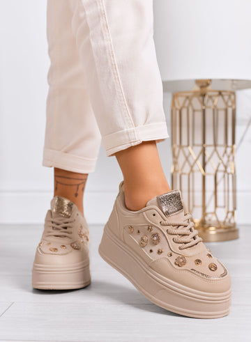 AIDA - Taupe platform sneakers with gold decorations