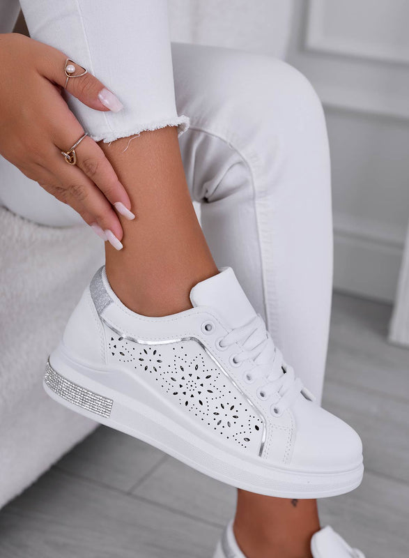 ALBA - Sneakers bianche traforate con glitter argento