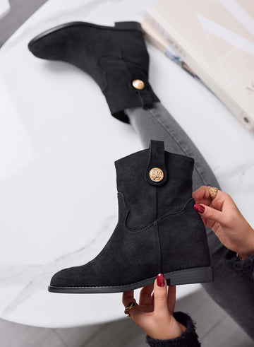 Black women's ankle boots with internal wedge and gold button