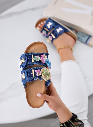 ALIBY - Blue jeans sandals. Slippers with colorful flowers and jewel details on cork sole