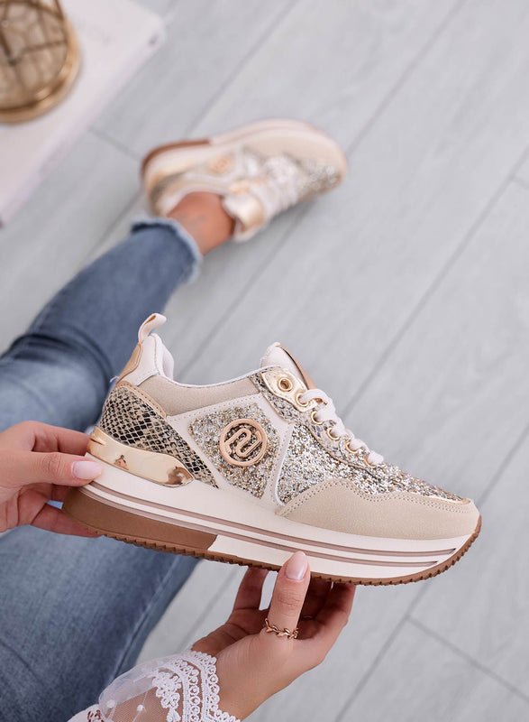 ALISHA - Sneakers beige con inserti glitter oro