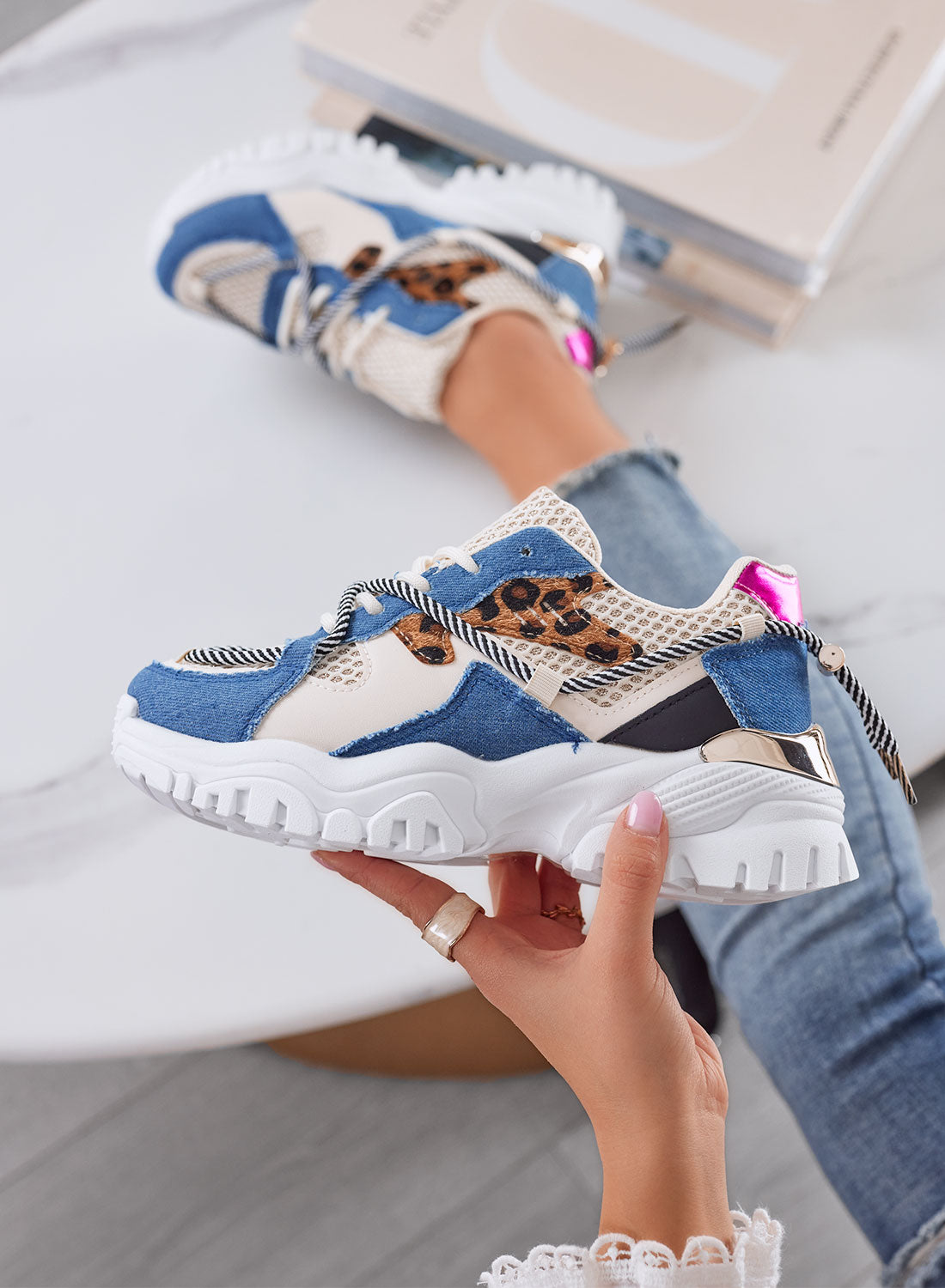 AMANDA - Chunky blue jeans sneakers with animalier details