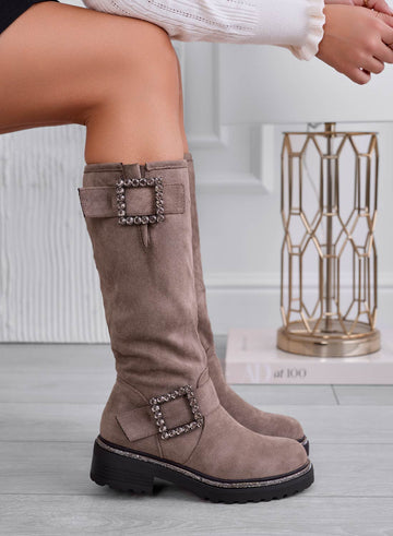 AMIS - Mud suede boots with jeweled buckle