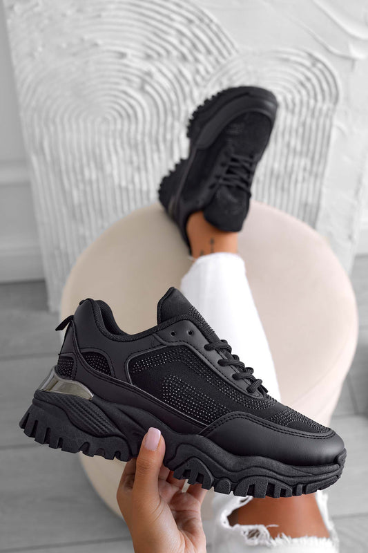 AMOR - Sneakers nere con suola spessa e strass