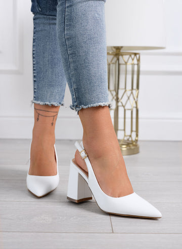 ANGELICA - White pointed slingback pumps with block heel