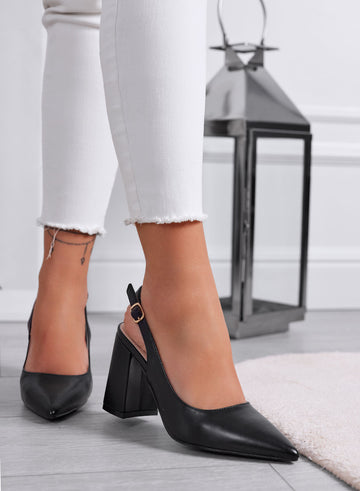 ANGELICA - Black pointed slingback pumps with block heel