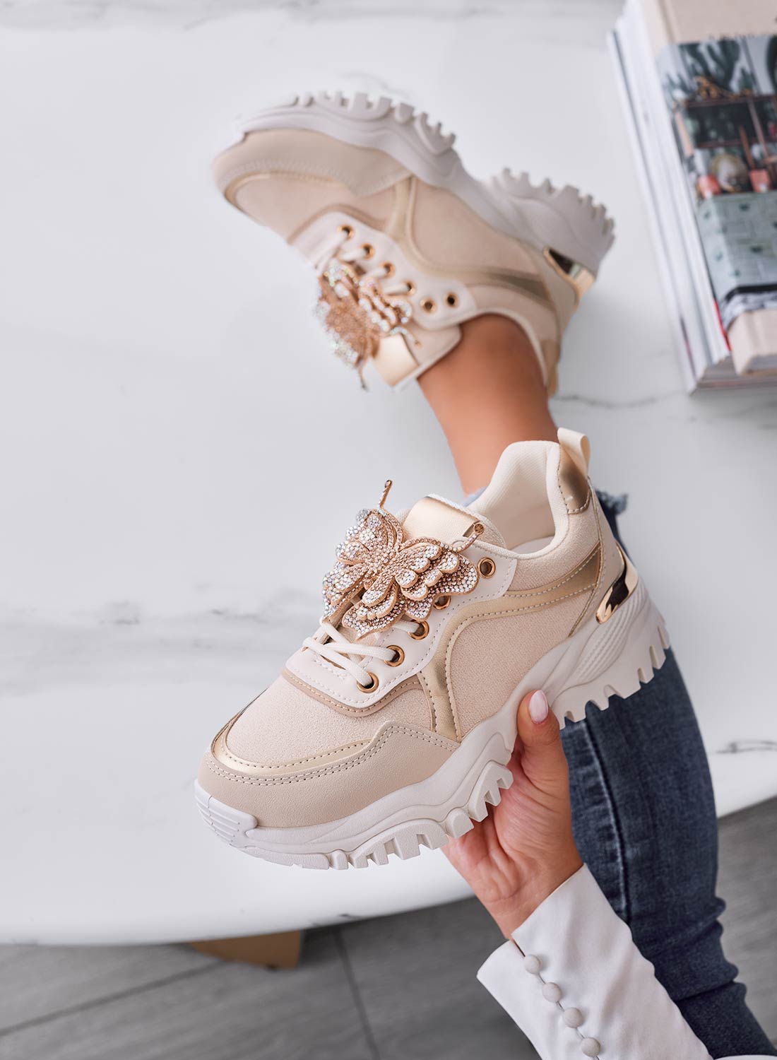 ANGELINA - Beige sneakers with jeweled butterfly applique