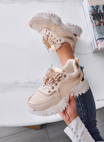 ANGELINA - Beige sneakers with jeweled butterfly applique