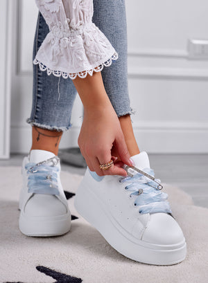 ANGY - White platform sneakers with light blue organza laces and jeweled brooch