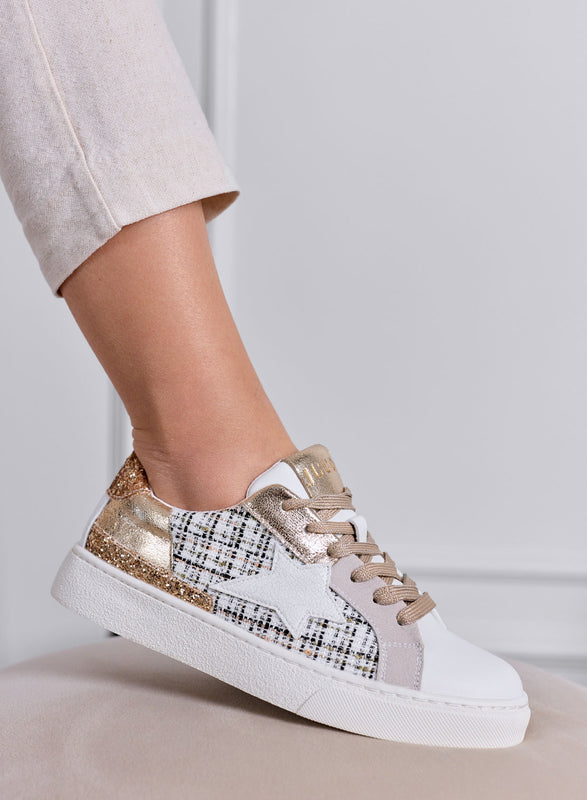 WAYS - White Sneakers with Gold Glitter Inserts and Tweed Details