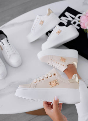 ANNARITA - Beige sneakers with gold heel and detail