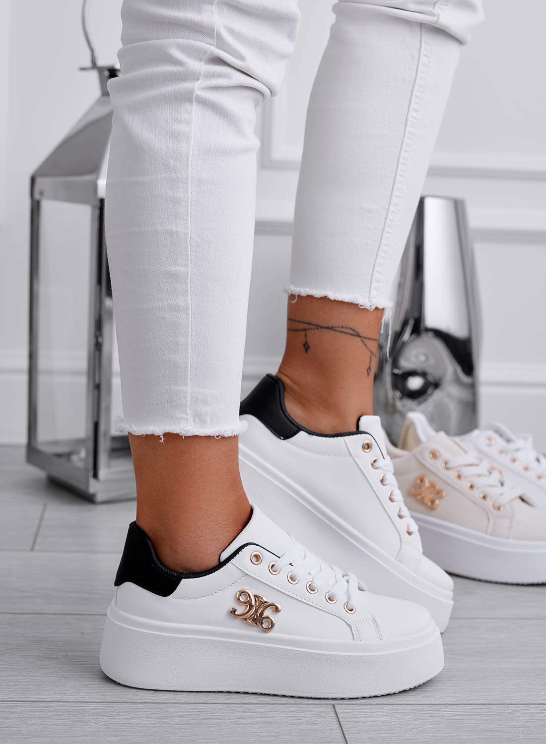 ANNARITA - White sneakers with black heel and gold detail