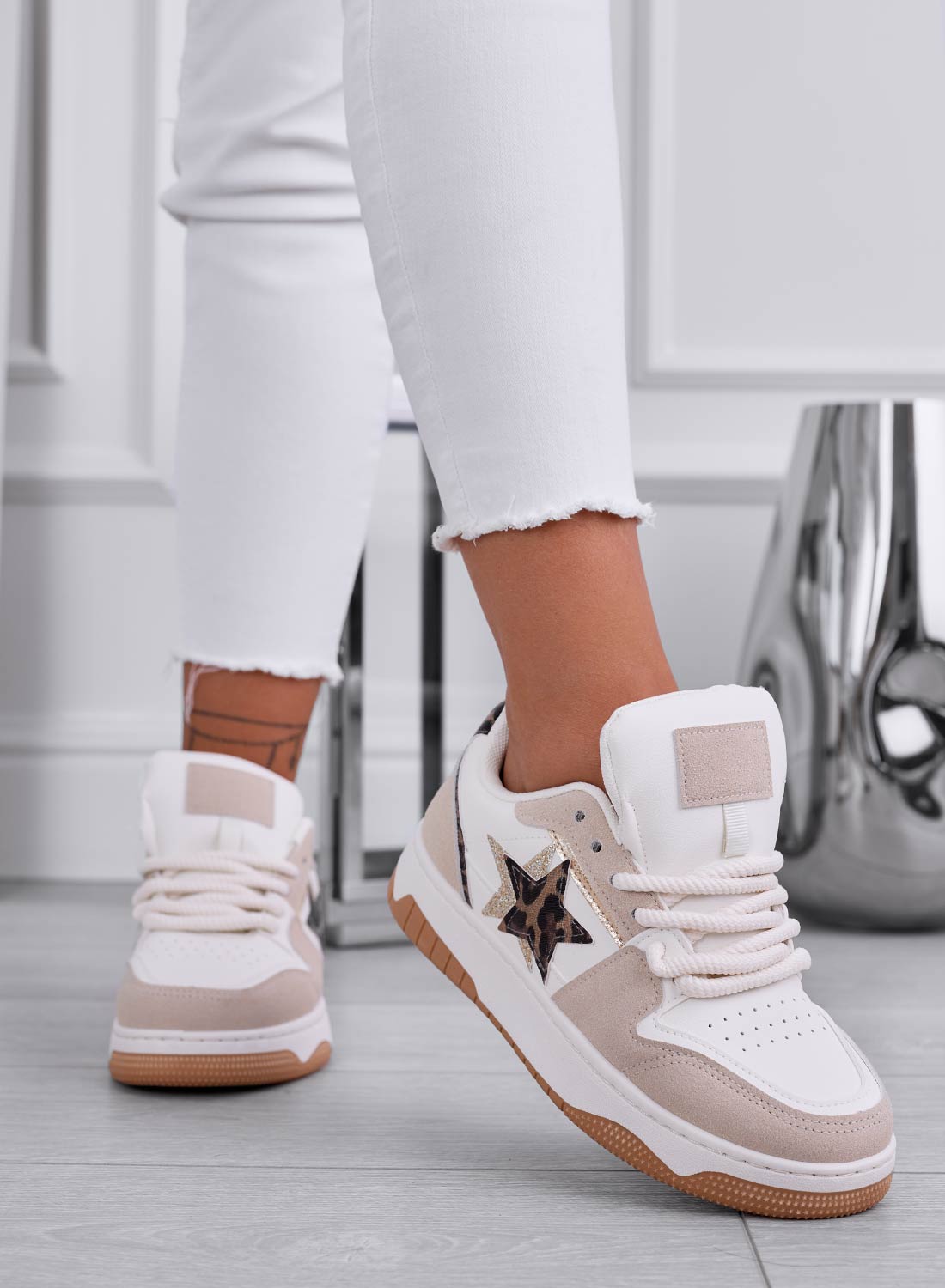ANNIE - Beige sneakers with rope laces and leopard star
