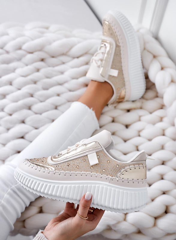 ANTONELLA - Sneakers beige con inserti e strass oro