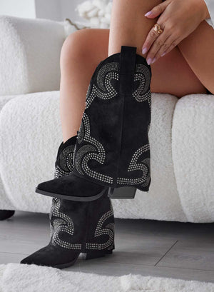 ARAGON - Black suede camper ankle boots with rhinestones