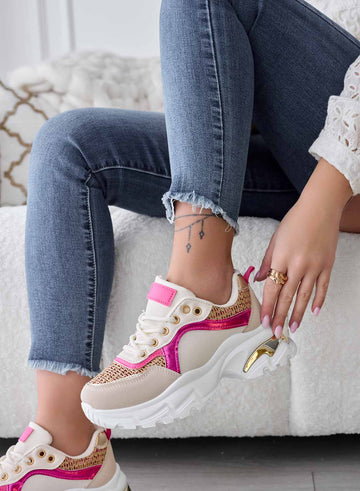 Beige sneakers with fuchsia inserts