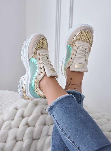 Beige sneakers with green inserts