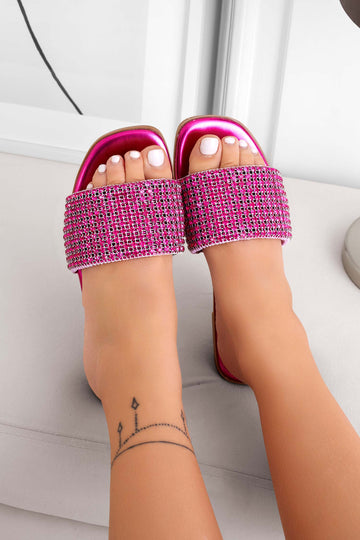 Fuchsia slide sandals with rhinestones