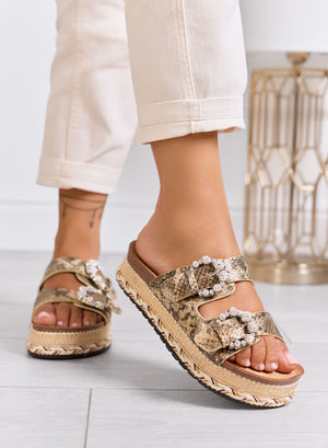 ARIEL - Python-effect platform sandals with jeweled buckles and embroidered sole